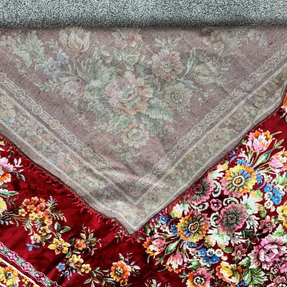 Vintage Italian Velvet Floral Tapestry Wall Rug Bedspread Red 58 x 88 inches